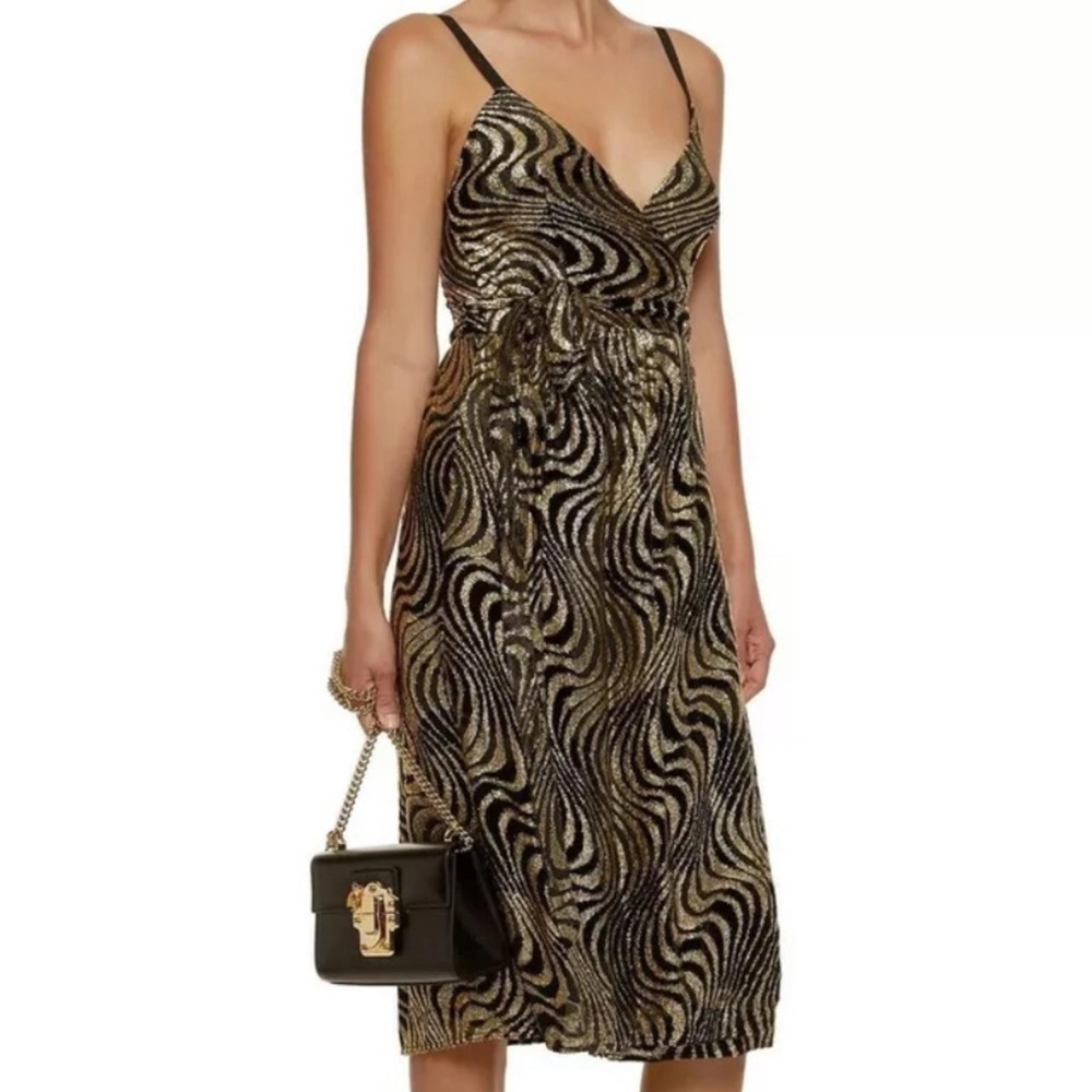 NWT $895 Milly Size 0 Wavy Metallic‎ Gold Silk Blend Spaghetti Strap Wrap Dress